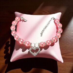 Elegant Pink Pearl Pet Necklace‎ with Heart Pendant